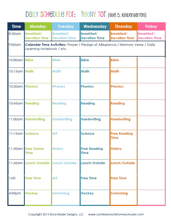 Kindergarten Daily Schedule Confessions Of A Homeschooler